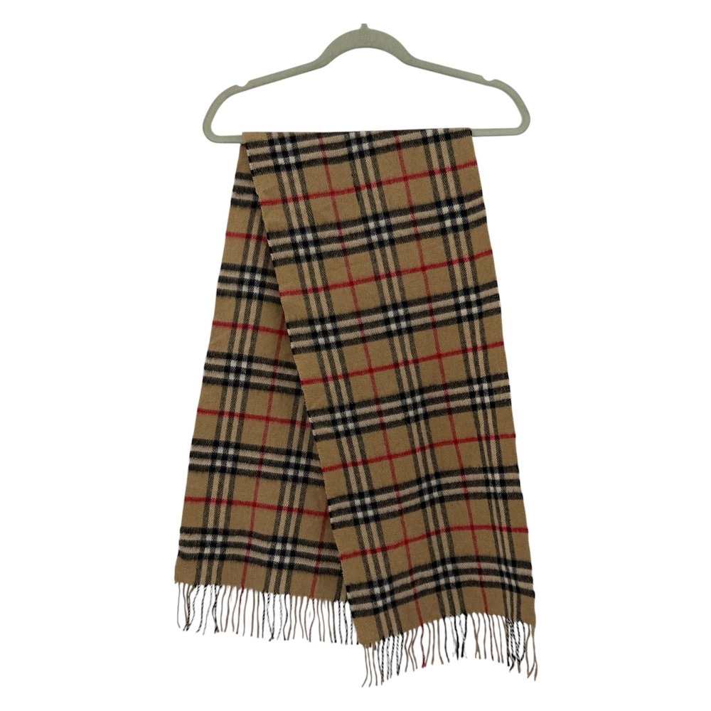 Burberrys of London Pure Cashmere Scarf Vintage Nova Check Camel Plaid Fringe